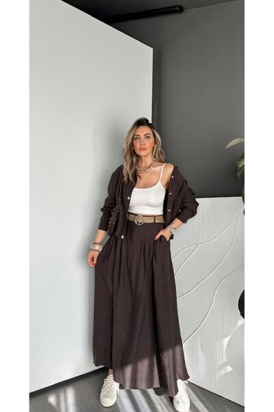 EGZOTİK ASORTİK Belt Piece Skirt and Buttoned Shirt Set