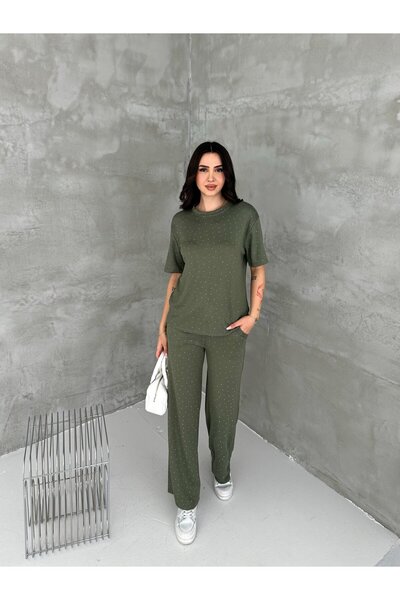 Elaxi Women's Crew Neck Stone Detailed Pocketed Shiny Double Set