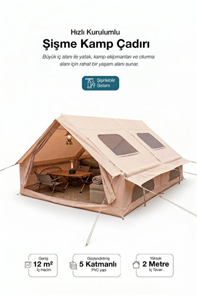 Nurcamp 12 Kişilik 4 Mevsim Şişme Kamp Çadırı Su Geçirmez 210D Oxford Kumaş 1...