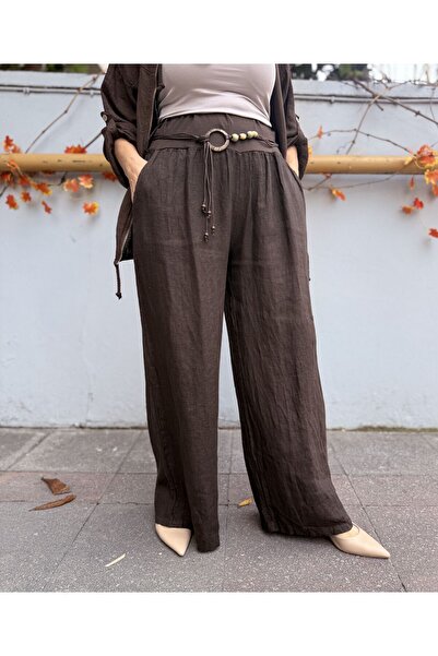 DenizEge Italian Beli K Belt Elastic Waist K Linen Trousers Bitter Brown