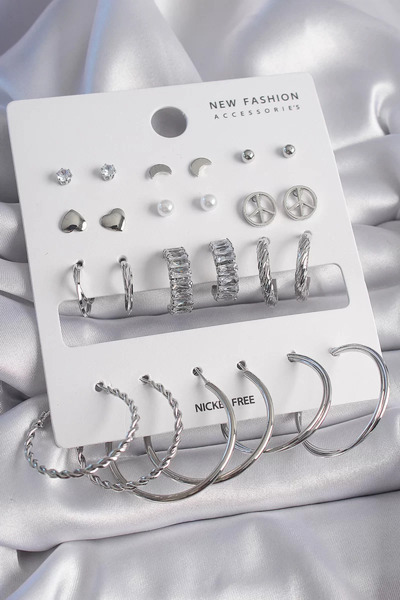 Skygo Pirinç Gümüş Renk Zirkon Taş Detaylı 12 Çift Kadın Küpe Seti - TJ-BKP9682