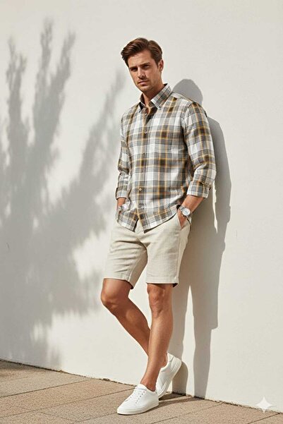 Louis Fabel Brown Checked Linen Long Sleeve Men's Shirt