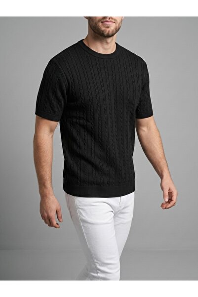 homiro Ανδρικό μαύρο κοτλέ πλεκτό εφαρμοστό T-Shirt