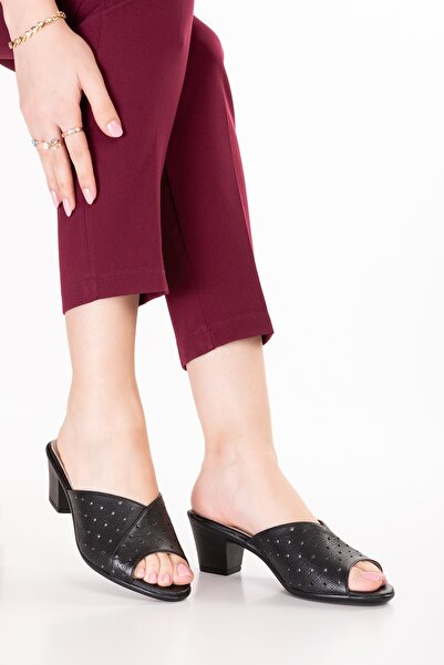 Gondol Women's Genuine Leather Heels Slipper Vdt.222 Black