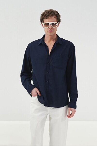 GIESTO Drapey Regular Fit Dark Blue Voile Shirt