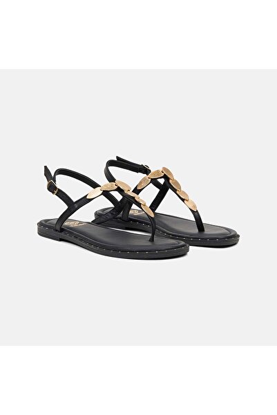 Desa Γυναικεία δερμάτινα σανδάλια σαγιονάρες σε μαύρο χρώμα με αξεσουάρ από χ...