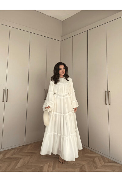 Miraydın Butik Lace Detailed Ruffled Chiffon Dress - Ecru