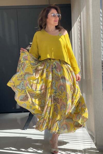 MİSLİNA BUTİK Çiçek Desen İthal Sarı Elbise