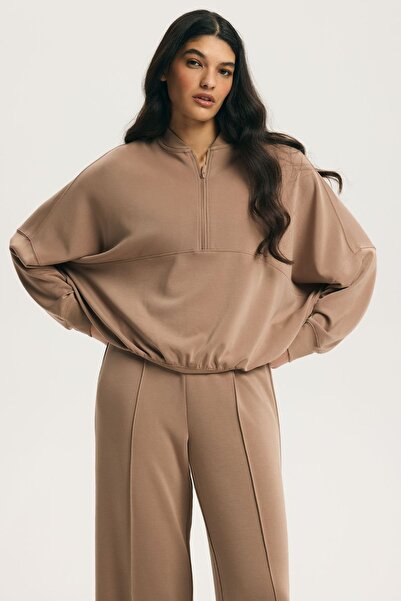 ESOTIQ Hanorac pentru femei cu fermoar pe jumătate, din modal , stil sport co...