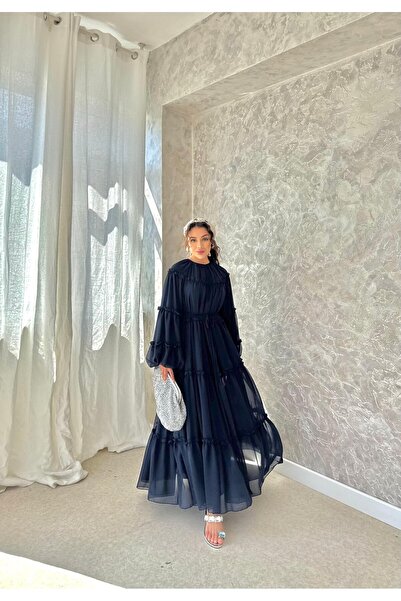 Miraydın Butik Ruffled Chiffon Dress with Lace Detail - Navy Blue