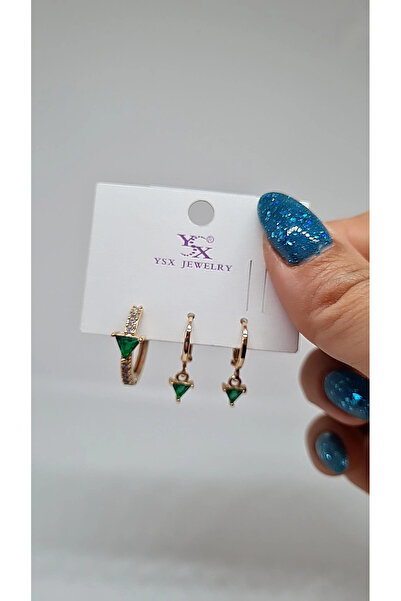 YSX JEWELRY Rose Yeşil Üçgen Taşlı Halka Küpe