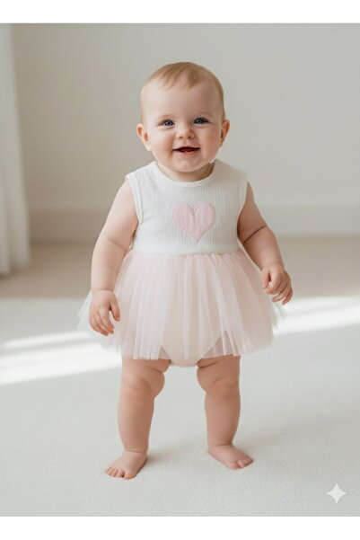 MİNİKİNCİBABY Baby Girl Tulle Skirted Bodysuit Dress with Heart Detail Baby D...