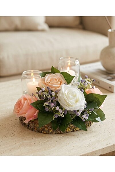 PAKETA Doğal Kütük Altlıklı Çiçekli Şamdan