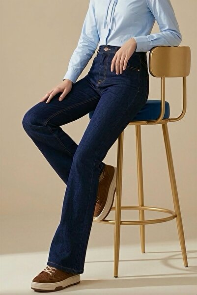 İmajButik بنطلون جينز ذو أرجل إسبانية عالية الخصر باللون الأزرق الداكن