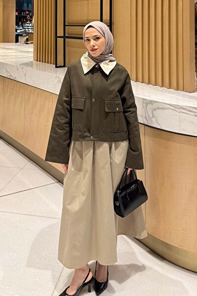 lamelif Collar Detail Snap Fastener Jacket Khaki