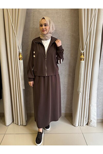 Nuss 1096 Kolları Çift Şerit Detaylı Etekli Takım Kahverengi