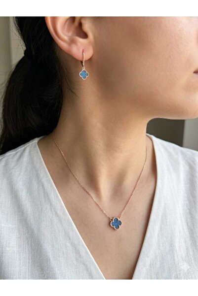 Papatya Silver 925 Ayar Yonca Kolye Küpe Set.rose.gold.rodaj