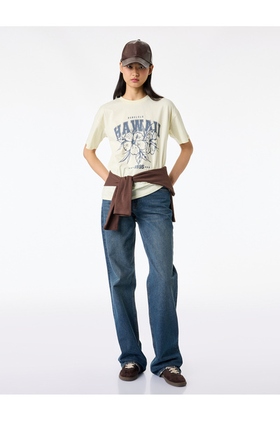 Koton Άνετο κοντομάνικο μπλουζάκι με λαιμόκοψη ποδηλατικού τύπου, σετ Βαμβάκι...