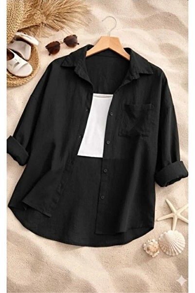 İnazuma Outdoors Women's Linen Black Shirt Summer Oversized Shirt New Season