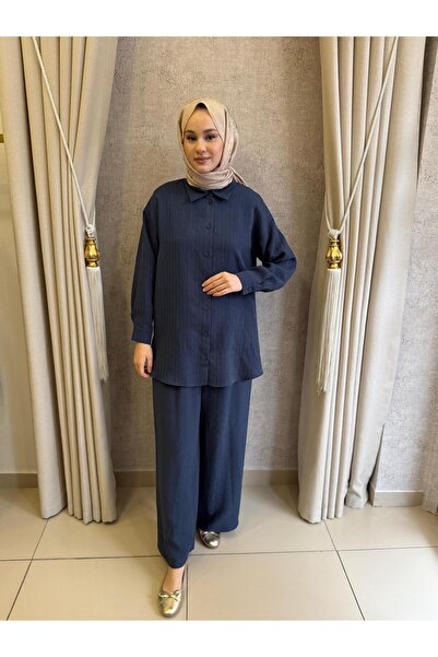 Nuss 1081 Kendinden Çizgili Pantolonlu Takım İndigo
