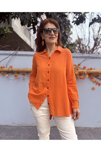 DenizEge Cămașă din plasă cu nasturi pe spate, bumbac portocaliu
