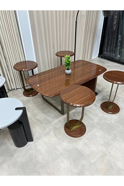 Tables Modern 5-piece salon table set – premium brown wood with a sturdy iron...