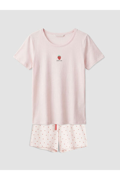 LC Waikiki Pink Crew Neck Strawberry Printed Maternity Shorts Pajama Set