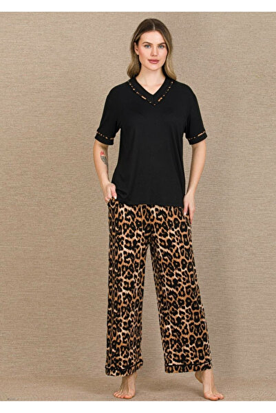 Lady Black Color, Leopard Printed Pcs 12691 Cotton Viscose Women's Short Slee...