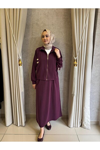 Nuss 1096 Kolları Çift Şerit Detaylı Etekli Takım MÜRDÜM