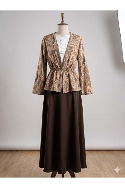Miraydın Butik Με έθνικ μοτίβο Σετ με ελαστική φούστα στη μέση – Καφέ