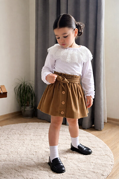 MİA SHİNE S Girl's Velvet Skirt Lace Collar Badi 2-Piece Combination Set