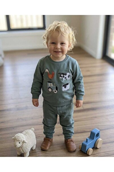 Bobişko طقم ملابس علوية وسفلية للأطفال الأولاد بتصميم مزرعة لطيف من لورا بيبي