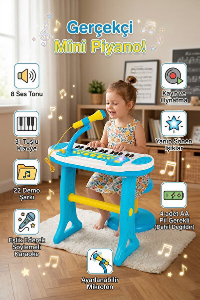 craftivio Mikrofonlu Tabureli Çocuk Piyano Org Seti - 31 Tuşlu Işıklı Sesli E...