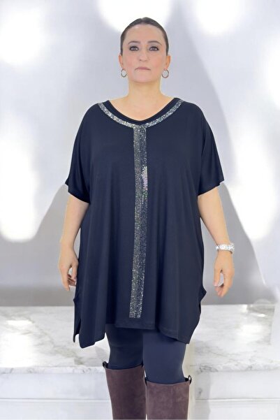 yagmurberen Stone Embellished Detail Circular Neck Short Sleeves Loose Fit Vi...