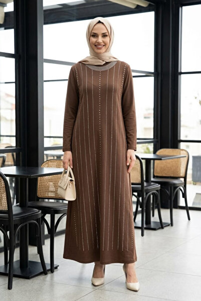 Women's Brown Crystal Fabric Stone Detailed Long Hijab Dress
