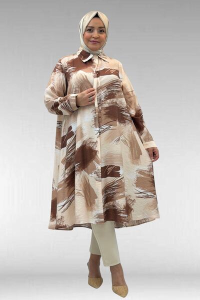 Eslina 68015 Büyük Beden Mevlana Kesim Mango Gömlek - Desenli Çikolata Kahve