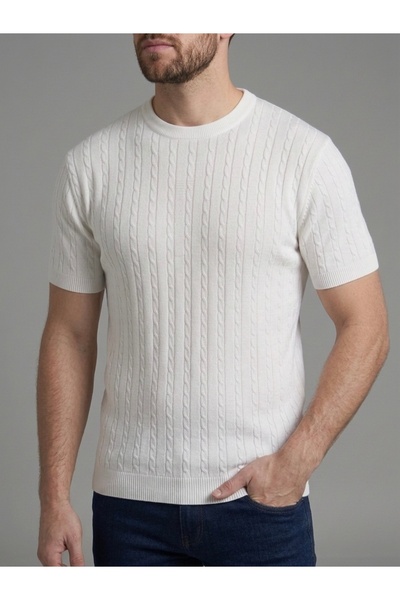 homiro Men's Beige Corded Fabric Knitwear Slim Fit T-Shirt