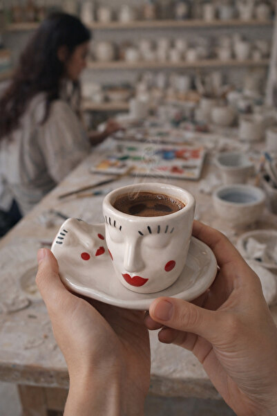 Mugtasarım Handmade Ceramic Turkish Coffee Cup with Eyelash Design-80 Ml-