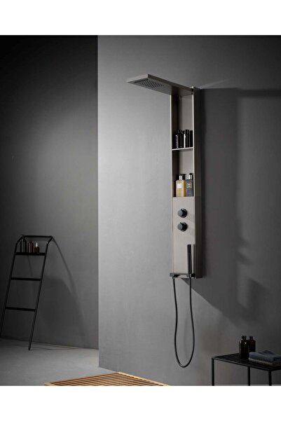 Olivy Panou de duș Gun Metal – Design minimalist cu duș fix, rafturi integrat...