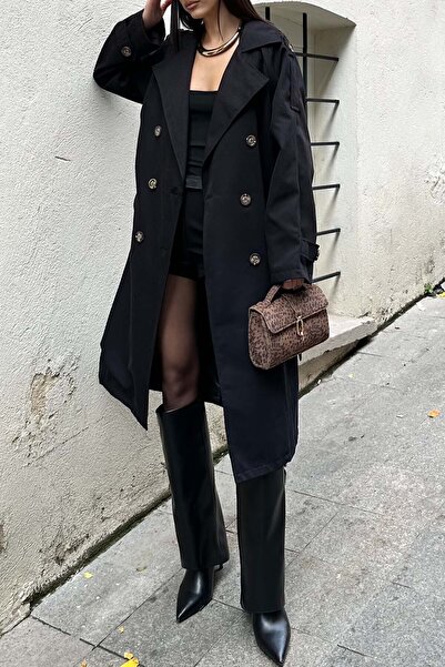 XXL BUTİK Γυναικεία Μαύρη Καμπαρντίνα Με φόδρα oversized Ζώνη τεμαχίων ESR012