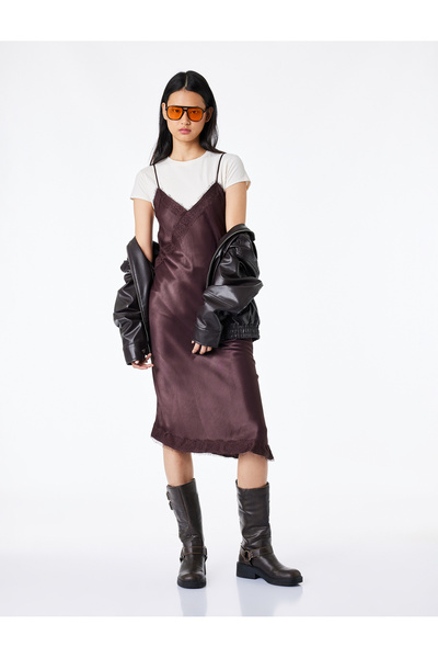 Koton Asymmetrical D Lace Detailed Satin Dress with Rope Straps