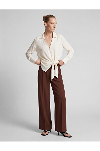 Koton High Waist Viscose Blend Pleated Wide Leg Pants with Pockets