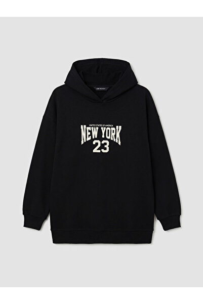 LC Waikiki Black Hooded New York Printed Women's Sweatshirt Tunic