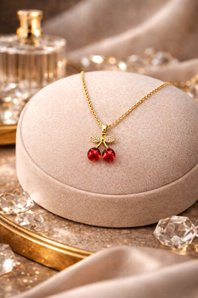 LUNEVA AKSESUAR قلادة على شكل كرز - قلادة نسائية باللون الأحمر الذهبي مرصّع ب...