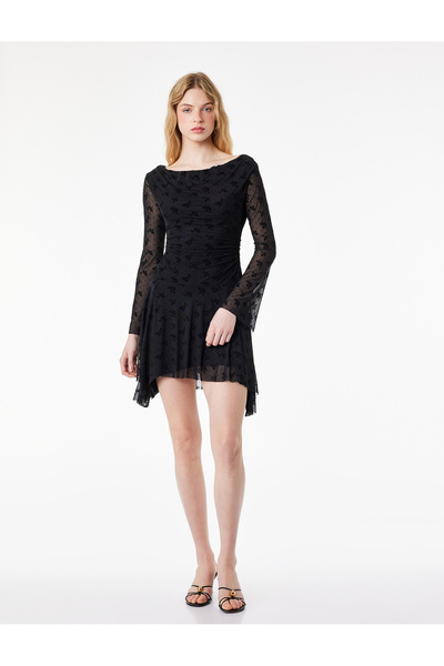 Koton Slim Fit Long Sleeves Draped Detail Degaje Collar Floral Tulle Mini Dress