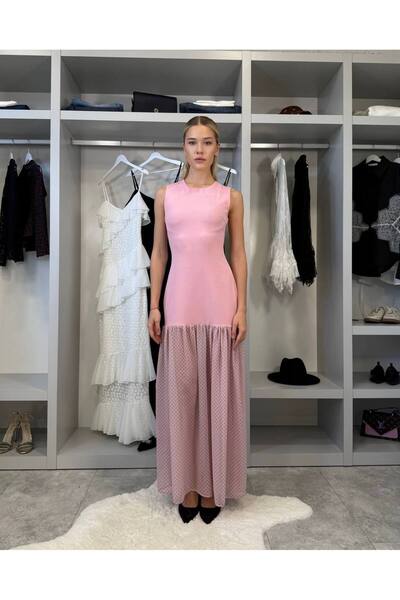 FLOWERİNG Women's Pink Polka Dot Piece Maxi Dress