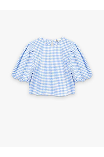 Koton Bluză cu mâneci scurte tip balon, model guler rotund model cu carouri g...