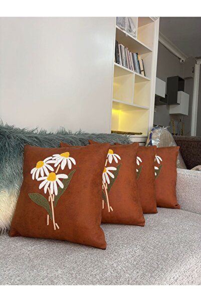 Home Kirlent Kilifi Nubuck Fabric Flower Pattern 43*43 Sizes Taupe Color