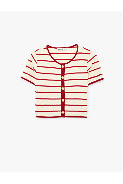 Koton Buttoned Short Sleeve Crew Neck Cardigan with Cotton Buttons