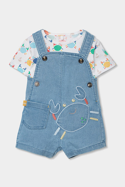 Boboli Yengeç Patterned Denim Salopet Set 6-24 Months Blue